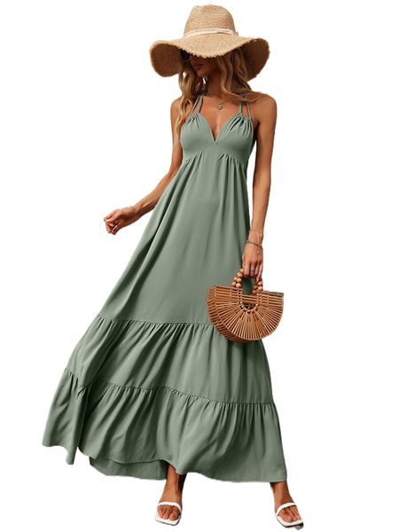 

ruffle hem backless halter neck dress j329#, Black;gray