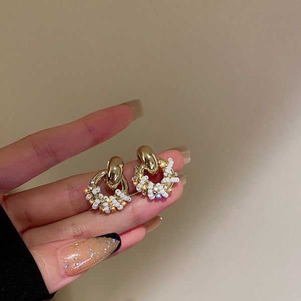 

925 silver stud rhinestone-encrusted bead winding earrings korean ins fashion metal design earrings special interest light luxury eardrop, Golden