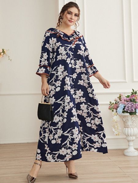 

plus random floral print flounce sleeve ruffle trim tunic dress s2c7#, Black