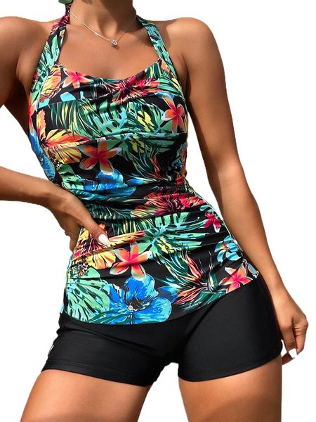 

tropical print halter one piece swimsuit s2db#, White;black