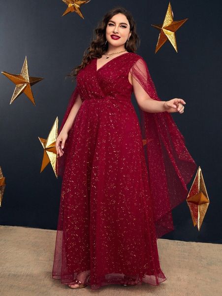 

plus cloak sleeve mesh prom dress 91gr#, Black