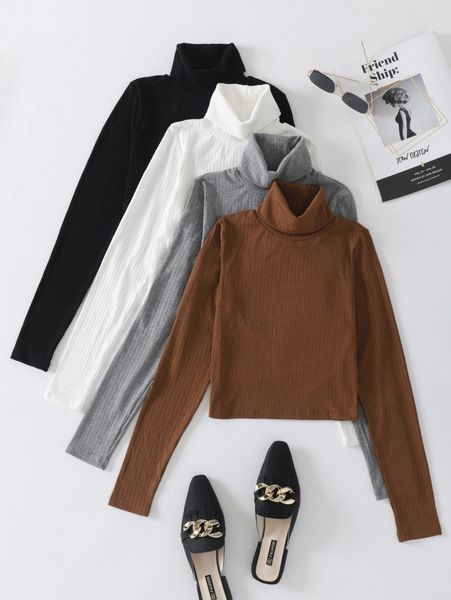 

4pcs ribbed knit turtleneck tee e6zc#, White