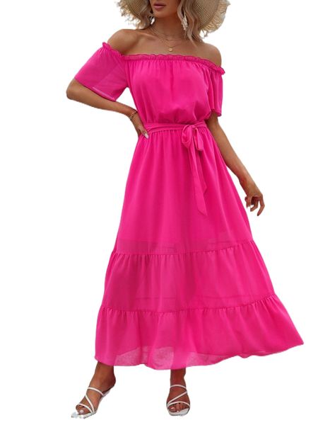 

off shoulder ruffle hem belted dress p8qw#, Black;gray