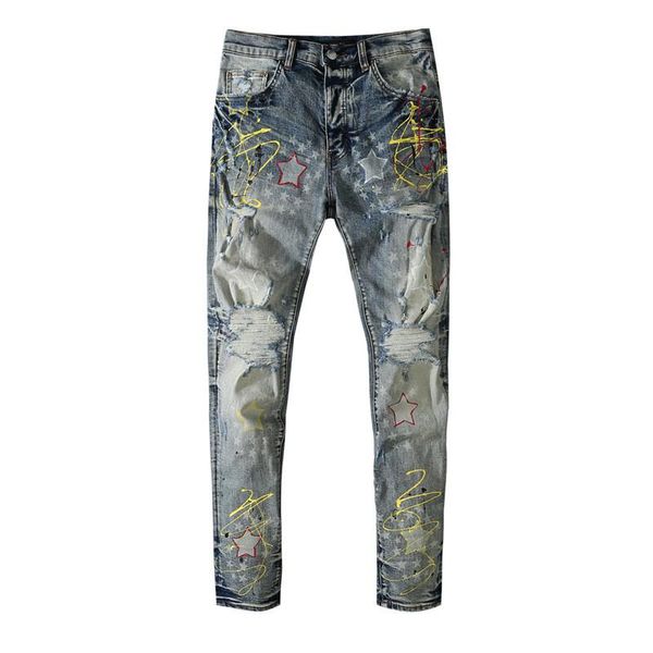 

men's jeans star stitching feet motorcycle pant ripped tights men korean high street fashion blue hole stacked graphic