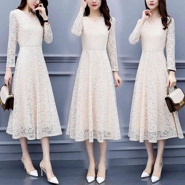 

casual dresses spring and autumn long sleeve lace v-neck dress medium long spring clothes women's thin skirt temperament 5sbw, Black;gray