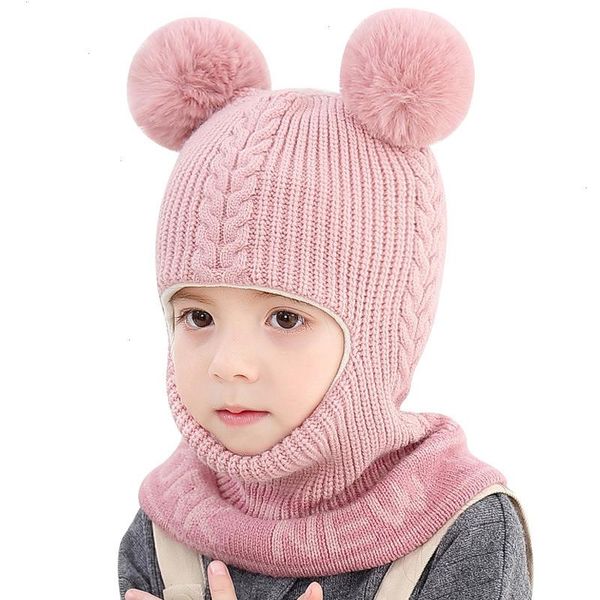 

baby hat winter warm pompom hats windproof plus velvet childrens knit one-pieces earmuff double ball ears for kids, Yellow
