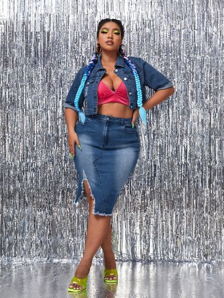 

plus ripped button front denim jacket & raw hem skirt e9ug#, White