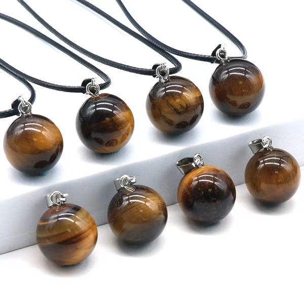 

round gemstone pendants necklace natural dangle 14mm ball crystal charms healing chakra stone charm sphere jewelry 45cm black leather, Silver