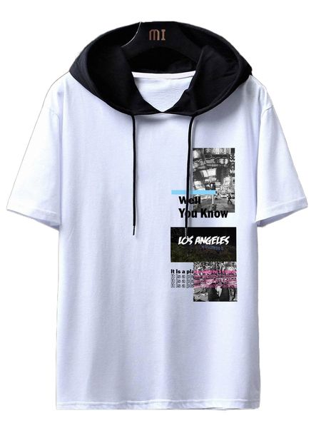 

men building & slogan graphic two tone drawstring hooded tee f4uh#, White;black