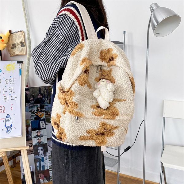

imitation lamb hair backpack women school bags for teenage girls bears print cute backpack bagpack kawaii backpack mochila mujer 220815