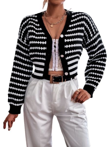 

striped pattern drop shoulder crop cardigan y8tg#, White;black