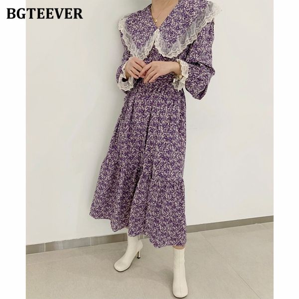 

bgteever vintage patchwork lapel women dress long sleeve slim waist floral print female a-line dress 2022 spring midi vestidos, Black;gray
