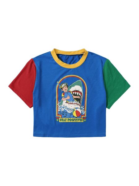 

romwe x stevenrhodes street life figure shark graphic colorblock tee p01b#, White