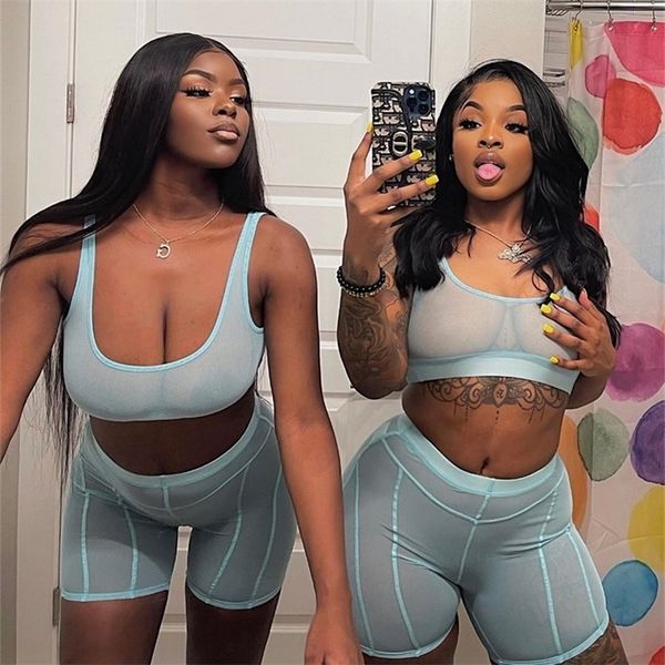 

two piece sets women summer mesh sheer sleeveless tank shorts see through fitness biker club 2pcs shorts sets female 220602, Gray