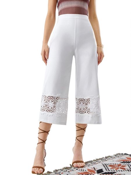 

high waist guipure lace insert wide leg pants x1in#, Black;white