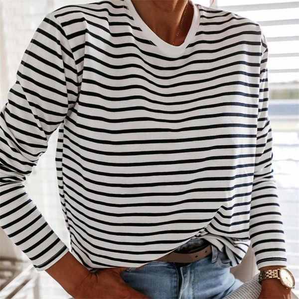 

women fashion black and white striped blouse shirt casual long sleeve o-neck soft korean shirt ladies women t-shirt autumn 220407