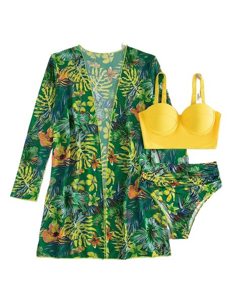 

tropical print ruched push up bikini swimsuit with kimono y55y#, White;black