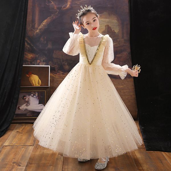 Increspato Ruffles Tulle Flower Girl Dresses 2022 New Gothic Matrimoni Ragazza Pageant Abiti da festa lunghi con paillettes Gioiello Collo Buco della serratura Indietro