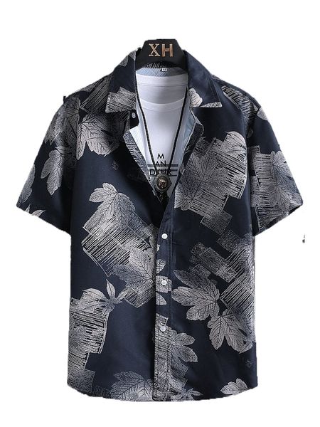

men random geo & leaf print button through shirt without tee k259#, White;black