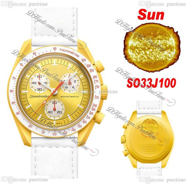 

bioceramic moonswatch swiss quqrtz chronograph mens watch so33j100 mission to sun 42mm real yellow ceramic white nylon strap with box super, Slivery;brown