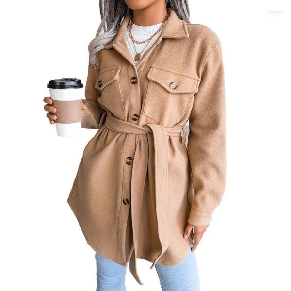 Kadın Yün Karışımları Bayan Trençkot Tek Sıra Düğmeli Kuşaklı Orta Uzun Shacket Ceket Tess22