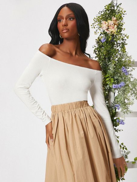 

ribbed knit solid off shoulder tee j2nc#, White