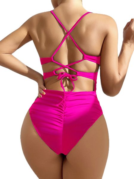

neon pink ruched backless one piece swimsuit 53du#, White;black