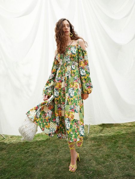 

patchwork print bishop sleeve dress n8ya#, Black;gray
