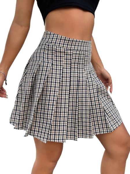 

plaid high waist pleated skirt m8cx#, Black