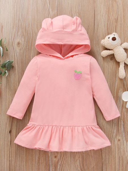 

baby apple embroidered patched ruffle hem 3d ear design hoodie dress she, Black