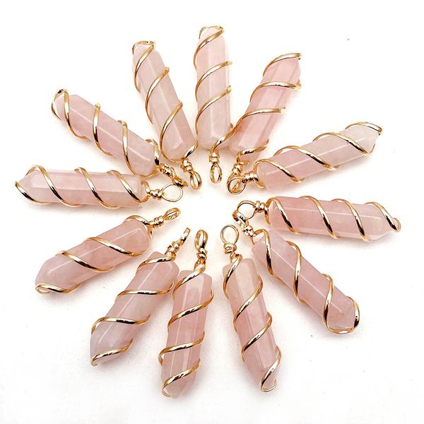 

natural stone wire wrap hexagon prism charms rose quartz tiger eye amethyst red agate chakra pendant for necklace making, Bronze;silver