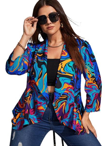 

plus allover print shawl collar blazer p2k4#, Black