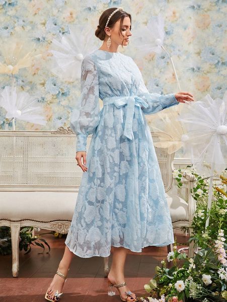 

jacquard appliques lantern sleeve belted dress f7jt#, Black;gray
