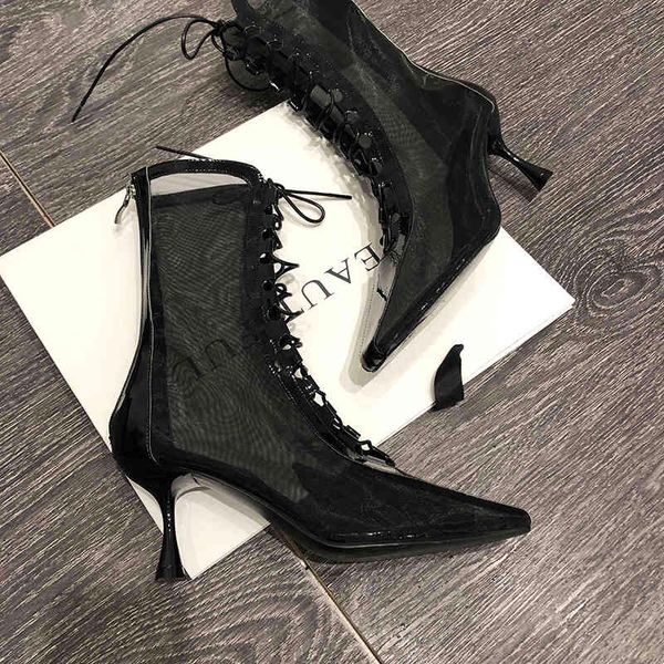 

boots women's high-heeled boots gorgeous autumn shoes square head cross lacing cut lace, Black