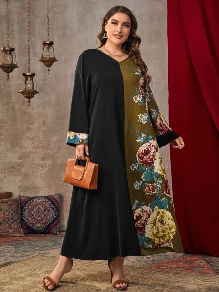 

plus floral print colorblock tunic dress 82qf#, Black
