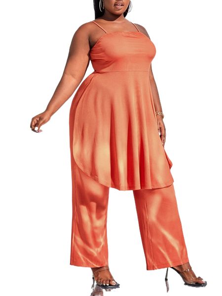 

sxy plus ruffle hem cami & wide leg pants i2ij#, Black