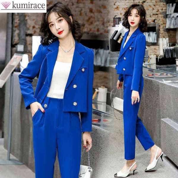 

small blue suit jacket temperament double breasted professional british style large suit jacket pants two piece sets j220813, White;black
