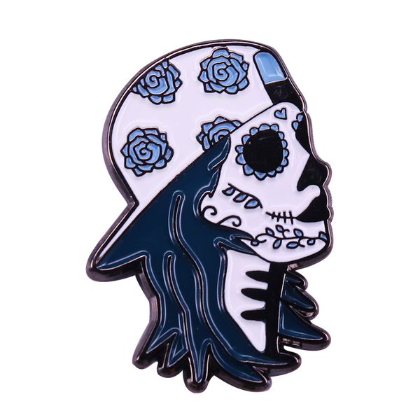 

blue floral pattern sugar skull skater brooch hiphop girl badge mexico day of the dead gothic art pin