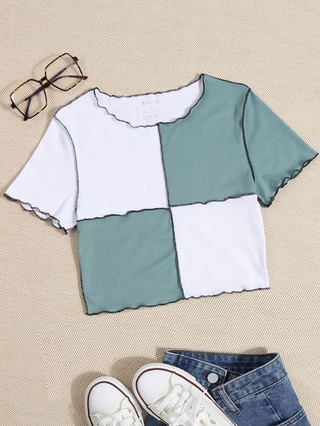 

two tone lettuce trim rib knit crop tee r7nj#, White