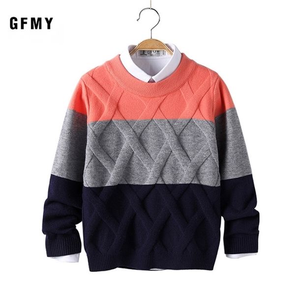 

gfmy autumn winter fashion o-collar three-color stitching sweater for boys warm wool 5-14 year coat kids sweaters lj201130, Blue