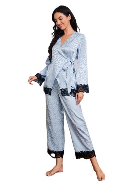 

leopard jacquard contrast lace knot side pj set k613#, Black;red
