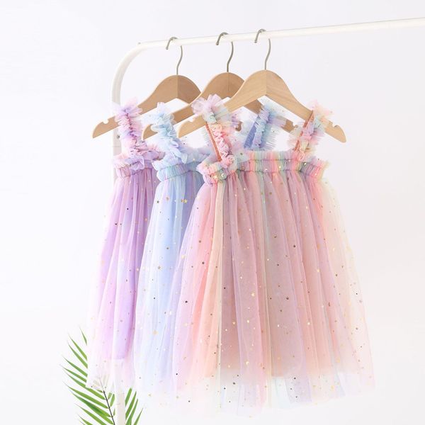 

baby little girl dress pink kid star rainbow celebrity fashion mesh toddler princess nude birthday outfit party bling tutu summer a line sus, Red;yellow