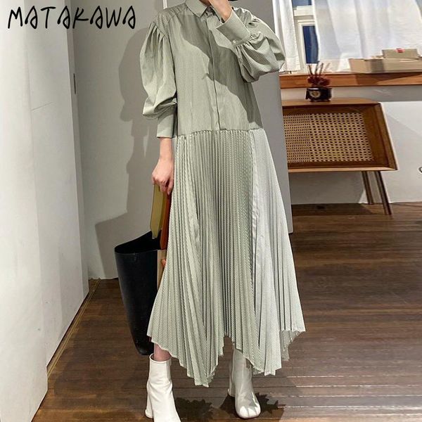 

high waist long sleeve womens dress korean striped lapel pleated midi dresses single breasted irregular femme robe 210506, Black;gray