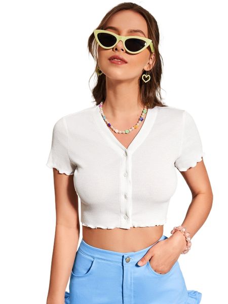 

lettuce trim button front crop tee g3sb#, White