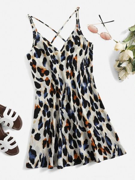 

allover print crisscross back cami dress 49m5#, Black;gray