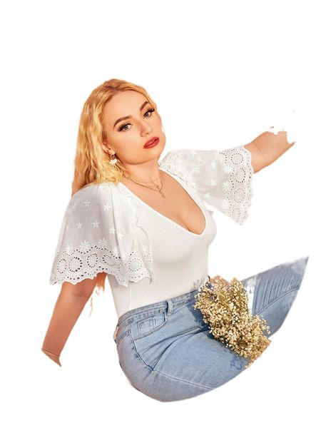 

plus plunging neck schiffy flutter sleeve u79p#, Black