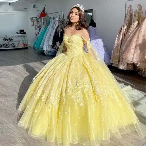 2022 elegantes vestidos de quinceañera amarillos con flores hechas a mano vestido de bola sin tirantes de tul encaje dulce 16 vestido corsé segunda fiesta falda vestidos de