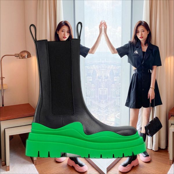 

two tone tire chelsea boots women platform chunky boot lady luxe design men mid-calf desiger calfskin slip-on style round toe boots rubber a, Black