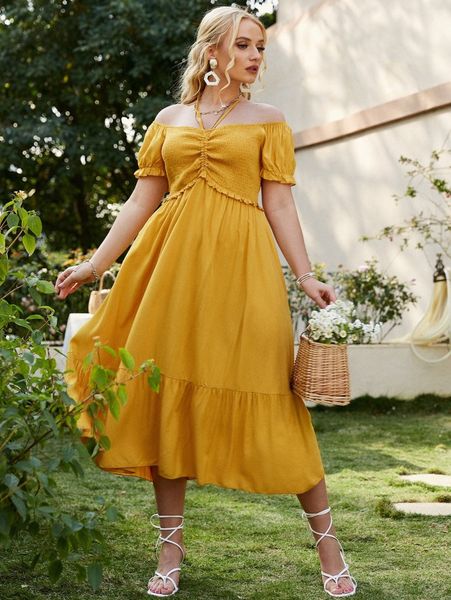 

simplee plus off shoulder 2 way shirred frill trim dress w3du#, Black