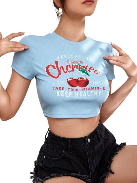 

slogan & cherry graphic crop t-shirt b48p#, White